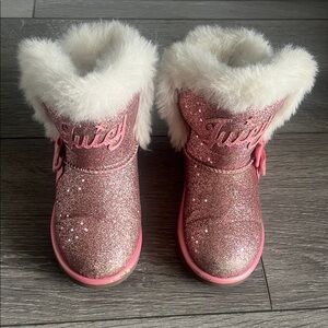 Juicy Couture Pink Glitter Kids Boots with White Fur Trim